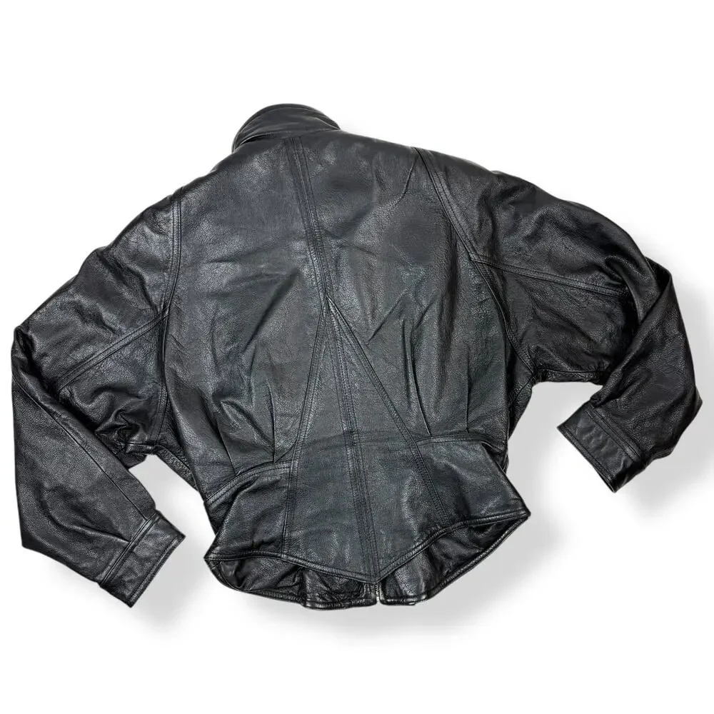 Vintage WILSONS LEATHER black batwing cropped corset motorcycle leather jacket - Picture 9 of 16